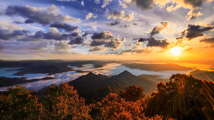 Landschaftsfoto von Bergen und Bäumen, Natur, Berge, Sonnenuntergang, Landschaft, Bäume, Wald, HD-Hintergrundbild