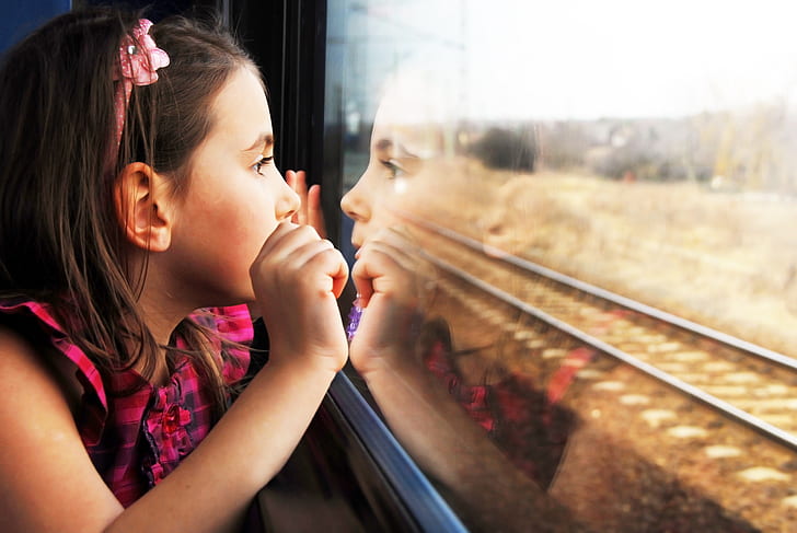 children, reflection, sadness, child, cute, lonely, train window, the window of the train, pretty little girl, pretty girl, HD wallpaper