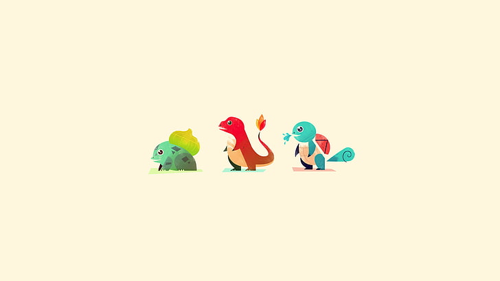 Ilustración de Pokémon Bulbasur, Charmander y Squirtle, Pokémon, Bulbasaur, Charmander, Squirtle, minimalismo, blanco, fondo blanco, Fondo de pantalla HD