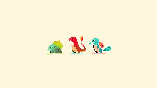 Illustration de Pokemon Bulbasur, Charmander et Squirtle, Pokémon, Bulbasaur, Charmander, Squirtle, minimalisme, blanc, fond blanc, Fond d'écran HD HD wallpaper