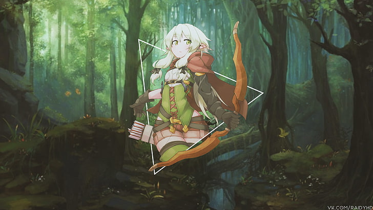 anime, anime girls, picture-in-picture, forest, archer, triangle, fantasy girl, bow, goblin slayer, HD wallpaper