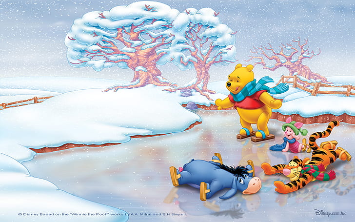 Winnie The Pooh Ve Arkadaşları Piglet Eeyore Tigger Karikatür Görüntüleri Kış Pateni Buz Masaüstü Hd Duvar Kağıdı Pc Tablet Için 1920 × 1200, HD masaüstü duvar kağıdı