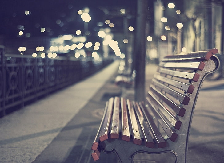 brown wooden bench, lights, path, bench, night, city, beige, street, city lights, bokeh, HD wallpaper