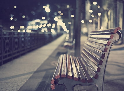 brown wooden bench, lights, path, bench, night, city, beige, street, city lights, bokeh, HD wallpaper HD wallpaper