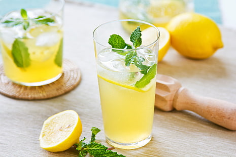 peppermint leaf and sliced of lemon fruit, glass, lemon, drink, mint, lemonade, HD wallpaper HD wallpaper