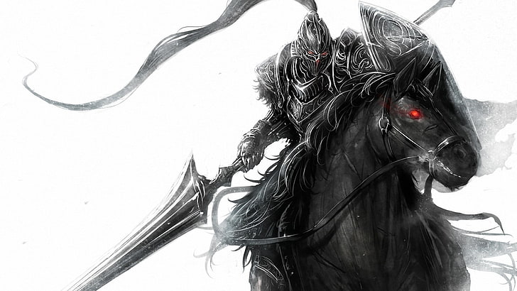 man riding horse holding sword digital wallpaper, digital art, armor, horse, warrior, spear, simple background, HD wallpaper
