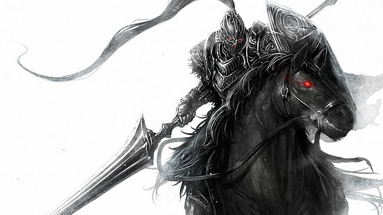 pria berkuda memegang pedang wallpaper digital, seni digital, baju besi, kuda, prajurit, tombak, latar belakang sederhana, Wallpaper HD HD wallpaper