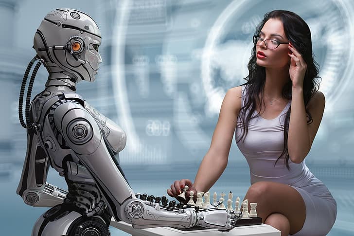 sexy, cyborg, bruna sexy, vestito aderente, figura splendida, ragazza affascinante, robotica, il gioco degli scacchi, яркиЙ макияж, Sfondo HD