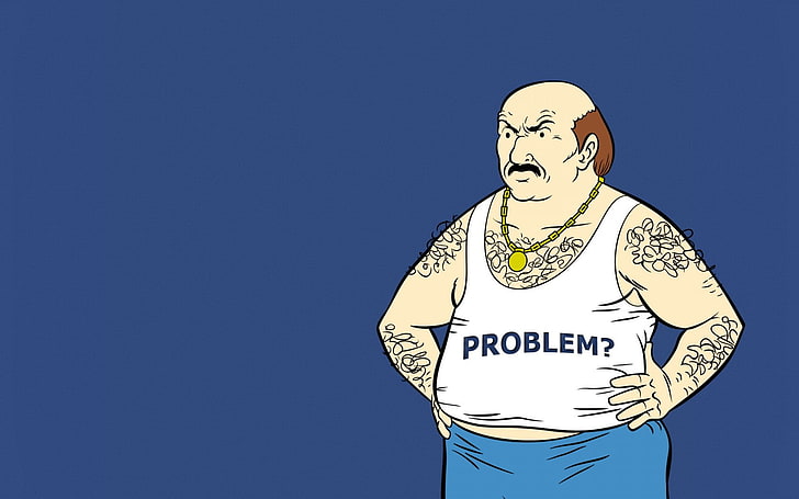 Funny Carl Brutananadilewski, man wearing white problem-printed tank top cartoon clip arrt, Funny, , blue, problem, background, HD wallpaper