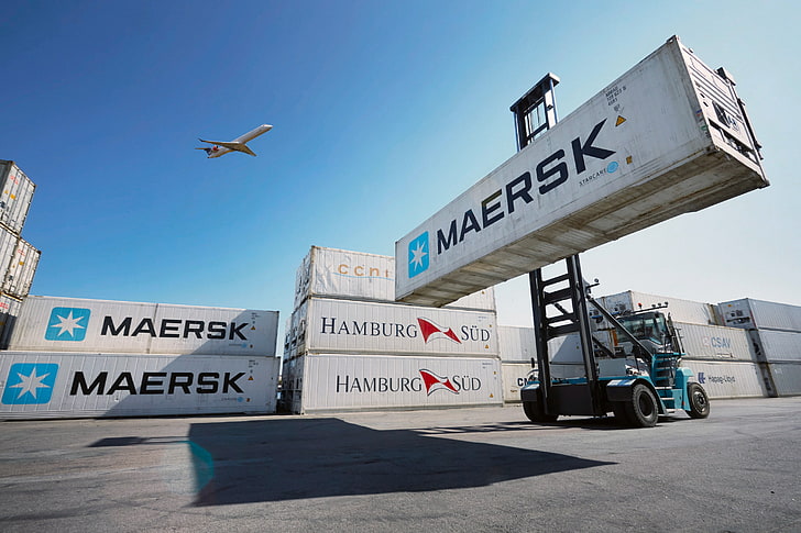 Maersk, airplane, container, Maersk Line, forklifts, HD wallpaper