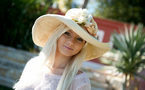 Annely Gerritsen, loira, rosto, chapéu branco feminino e camisa branca com decote redondo, olhos, modelo, rosto, chapéu, loira, annely gerritsen, HD papel de parede HD wallpaper
