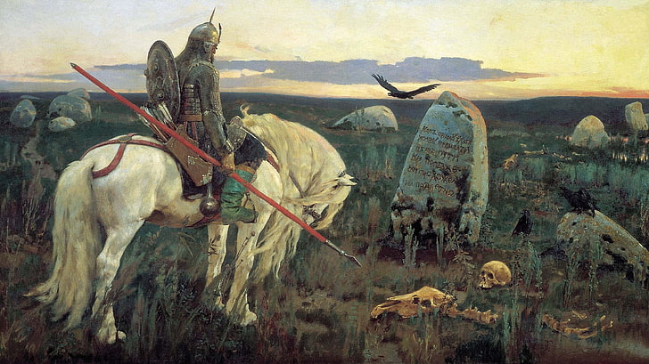 medieval warrior illustration, horse, stone, classic, Vasnetsov Viktor Mikhailovich, knight at the crossroads, HD wallpaper