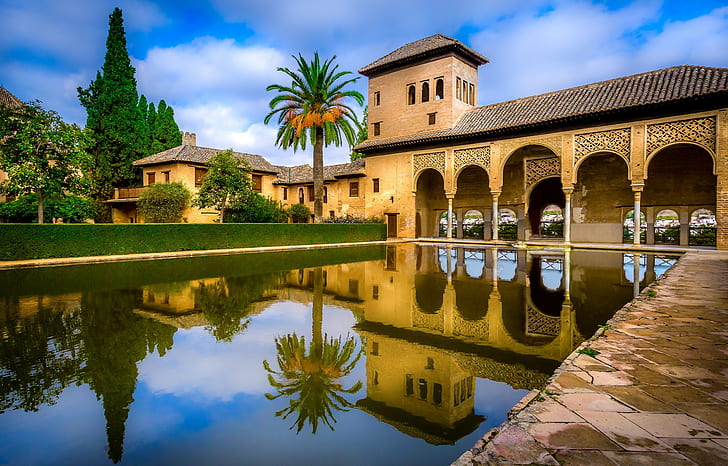 Palacio del Portico, palacio del portico, bagian, alhambra, kompleks, granada, spanyol hd, kolam renang, arsitektur, Wallpaper HD