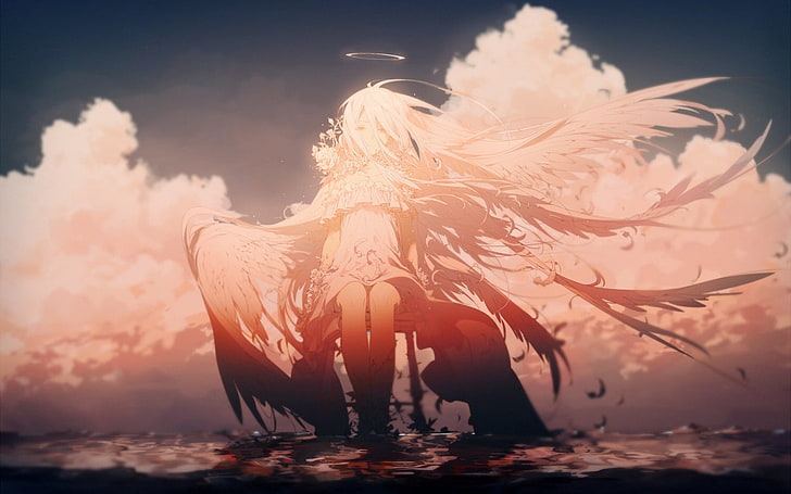 kobieca postać anime z tapetą ze skrzydłami, skrzydłami, aniołem, chmurami, Tapety HD