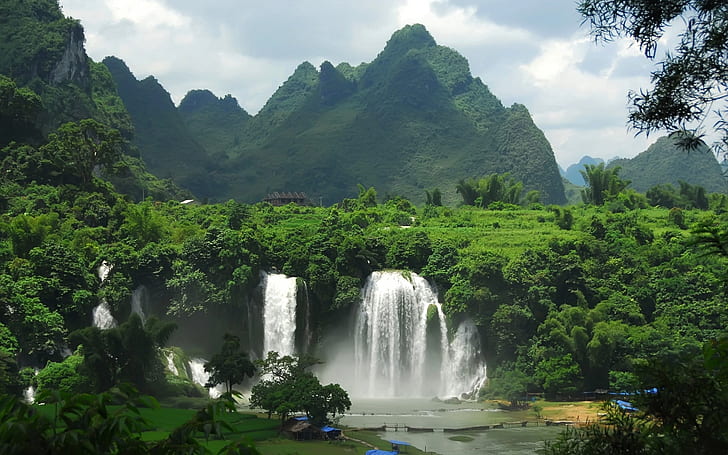 Wspaniały wodospad górski, przyroda, krajobraz, tło, rzeka, Tapety HD