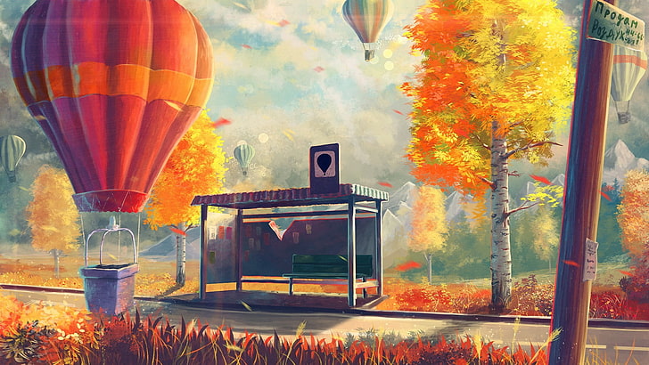 balon na ogrzane powietrze zaparkowany obok czekającej szopy w okresie jesiennym malarstwo, sylar, grafika, balony na ogrzane powietrze, brzoza, Tapety HD