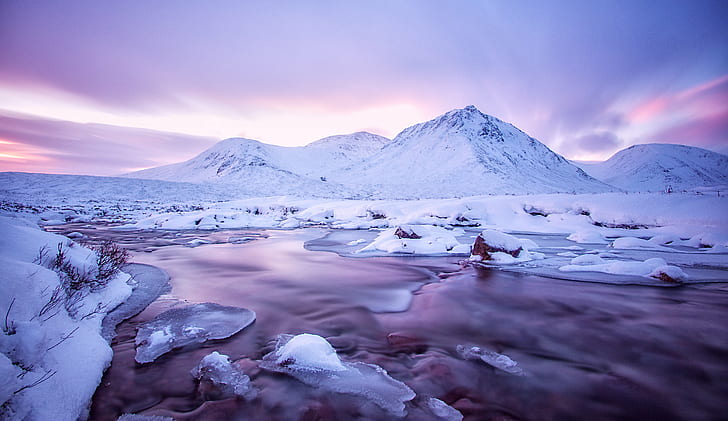 mountain covered with snow, creise, creise, Sron, na, Creise, agus, mountain, covered, Scotland, Glencoe, West Highlands, River, winter, long exposure, dawn, sunrise, Rannoch Moor, HD wallpaper