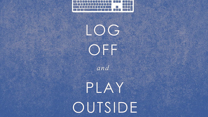 weiße Tastaturillustration mit Abmelden und Spielen außerhalb der Textüberlagerung, digitale Kunst, Minimalismus, blauer Hintergrund, Zitat, Spiel, Tastaturen, motivierend, HD-Hintergrundbild