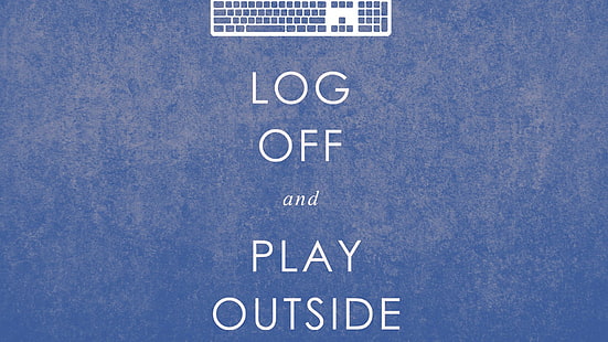 vit tangentbord illustration med logga ut och spela utanför textöverlägg, digital konst, minimalism, blå bakgrund, citat, spela, tangentbord, motiverande, HD tapet HD wallpaper