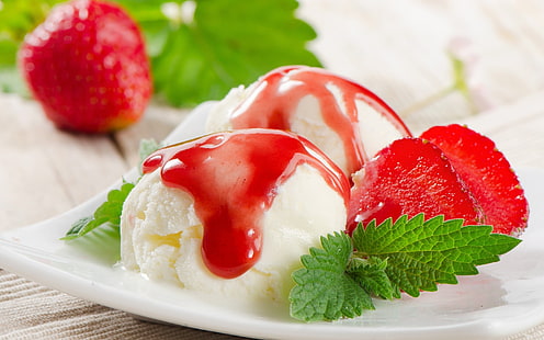 Strawberry Ice Cream, strawberry, ice cream, mint, HD wallpaper HD wallpaper