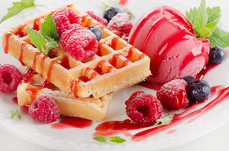 raspberry, berries, raspberry, ice cream, dessert, waffles, HD wallpaper HD wallpaper