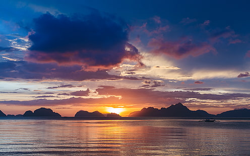 Bacuit Bay Sunset, bacuitbay, blå, elnido, natur, orange, palawan, filippinerna, fotografi, marinmålning, himmel, solnedgång, vatten, HD tapet HD wallpaper