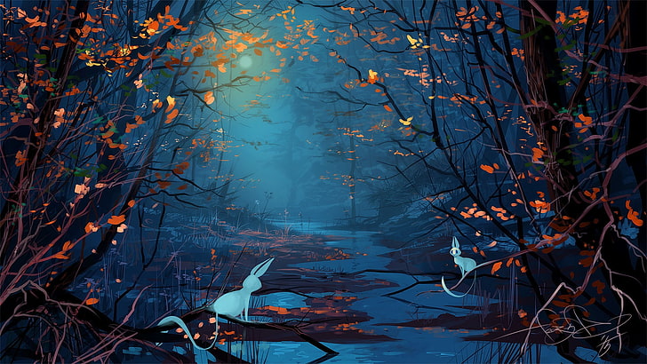 Ilustración del bosque, foto digital de animales blancos en los árboles sobre el cuerpo de agua, arte digital, naturaleza, árboles, hojas, rama, agua, arroyo, animales, conejos, Luna, noche, niebla, Fondo de pantalla HD
