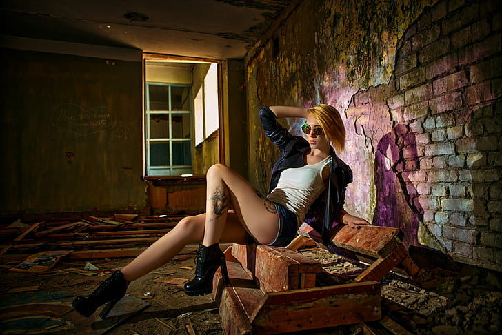 women, model, blonde, indoors, abandoned, tank top, leather jackets, black jackets, jean shorts, high heels, inked girls, tattoo, women with shades, painted nails, sitting, women indoors, Vladimir Talantcev, HD wallpaper