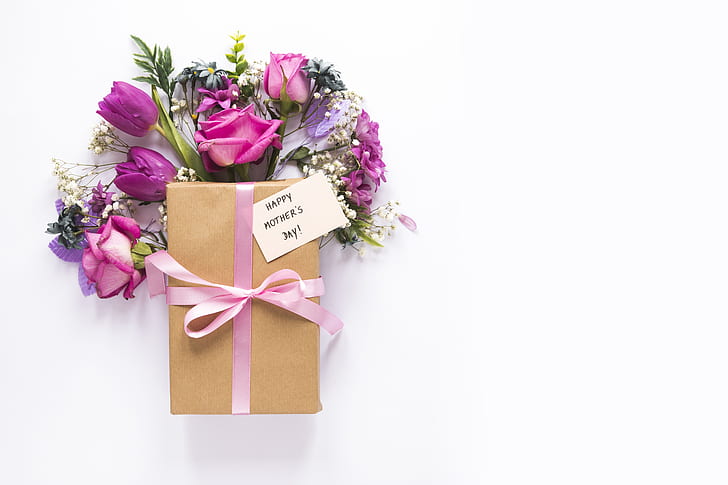 flowers, gift, roses, petals, tulips, pink, happy, purple, gift box, mother's day, HD wallpaper