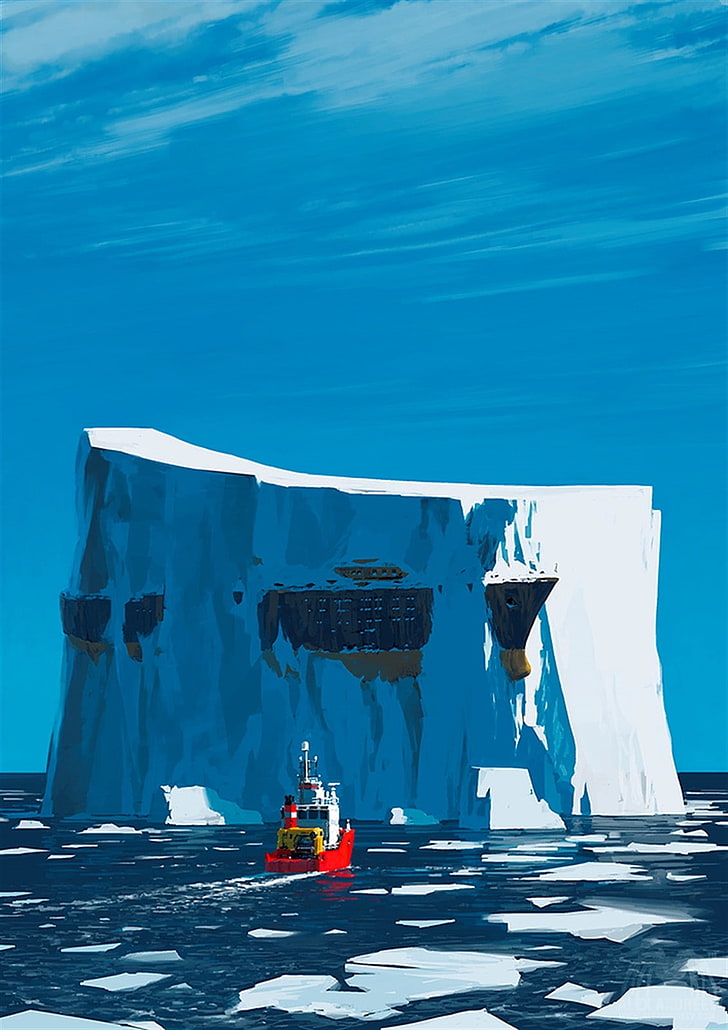 surrealista, obra de arte, arte conceptual, H. P. Lovecraft, Alexey Andreev, pantalla de retrato, barco, iceberg, mar, agua, hielo, azul, cielo, Fondo de pantalla HD, fondo de pantalla de teléfono