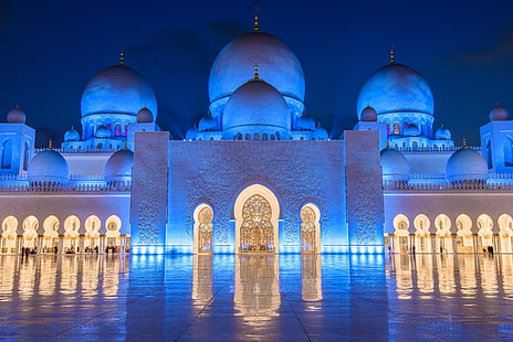 white mosque, backlight, mosque, Abu Dhabi, UAE, The Sheikh Zayed Grand mosque, Sheikh Zayed Grand Mosque, HD wallpaper HD wallpaper