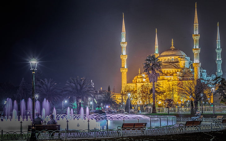 Синя джамия Истанбул Турска нощна фотография Ultra Hd тапети за настолни мобилни телефони и лаптоп 3840 × 2400, HD тапет