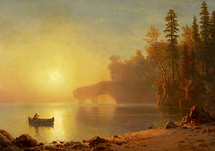 paisagem, quadro, Albert Bierstadt, canoas de índios, HD papel de parede HD wallpaper