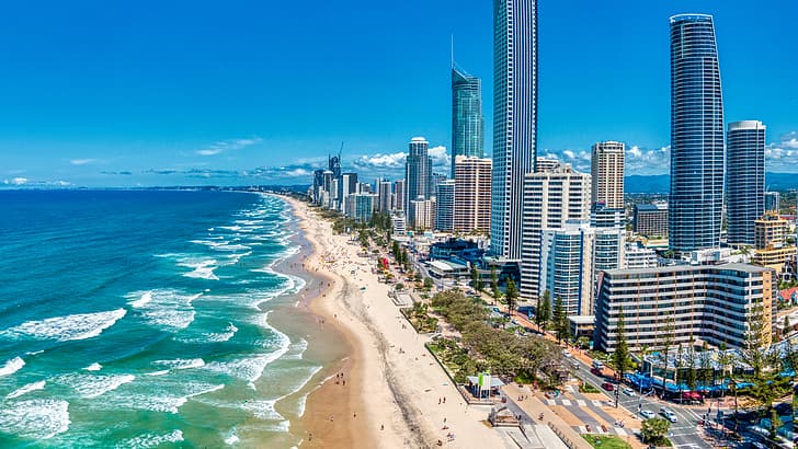градски пейзаж, плаж, вода, небостъргач, хора, Австралия, Куинсланд, Голд Коуст, Surfers Paradise, Трей Ратклиф, HD тапет