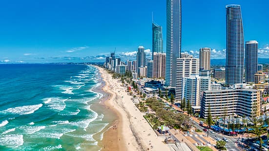 Şehir manzarası, plaj, su, gökdelen, insanlar, Avustralya, Queensland, Gold Coast, Surfers Paradise, Trey Ratcliff, HD masaüstü duvar kağıdı HD wallpaper