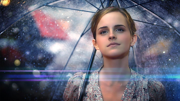 Emma Watson, umbrella, actress, face, women, celebrity, HD wallpaper