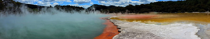 acid, blue, bright colours, geothermal, gold, gray, hills, new zealand, orange, pool, red, rotorua, sky, steam, thermal, volcanic, water, yellow, HD wallpaper