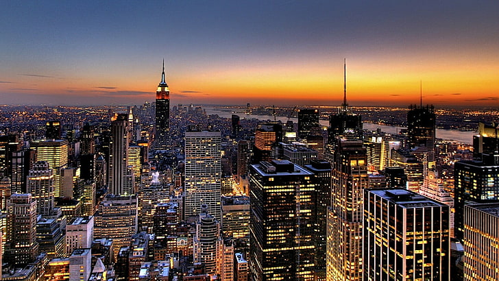 небе, нощни светлини, градски светлини, САЩ, център, хоризонт, здрач, оранжево небе, кула, Ню Йорк, забележителност, небостъргач, метрополия, силует, град, градски пейзаж, столичен район, HD тапет