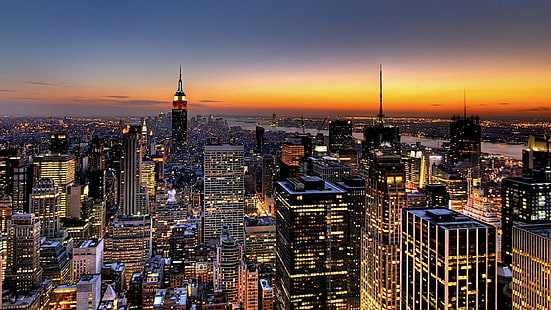 himmel, nattlampor, stadsljus, USA, centrum, horisont, skymning, orange himmel, tornblock, New York City, landmärke, skyskrapa, metropol, horisont, stad, stadsbild, storstadsområde, HD tapet HD wallpaper