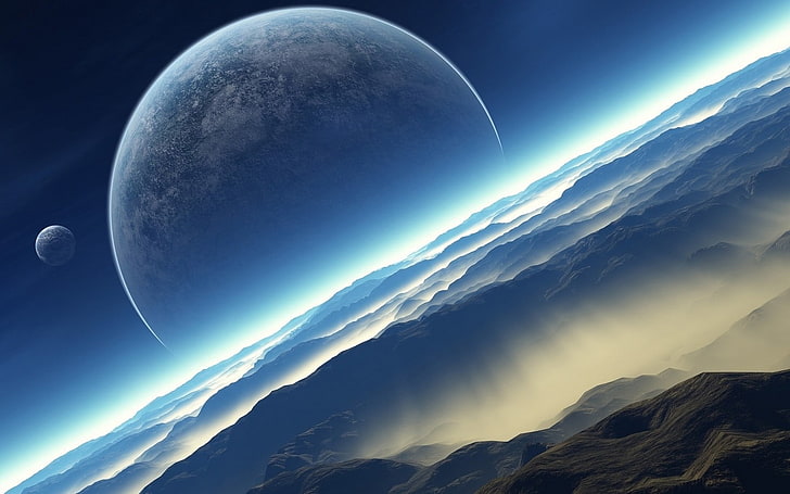 zwei Himmelskörper digitale Tapete, Erde, Universum, Planet, digitale Kunst, Kunstwerk, Raumkunst, Raum, HD-Hintergrundbild