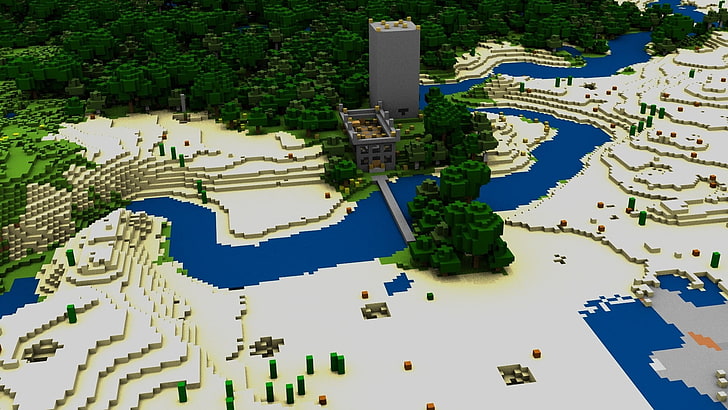 body of water surrounded with trees minecraft illustration, minecraft, house, bridge, river, trees, HD wallpaper