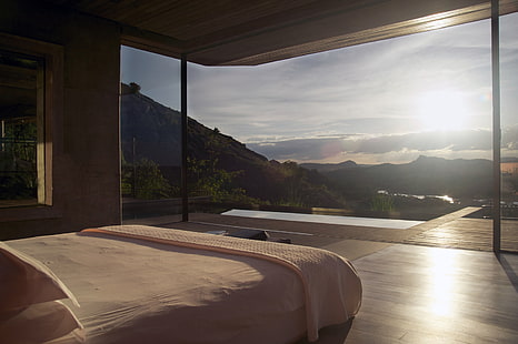 modern, lanskap, pegunungan, kamar, kamar tidur, jendela, matahari, tempat tidur, Wallpaper HD HD wallpaper