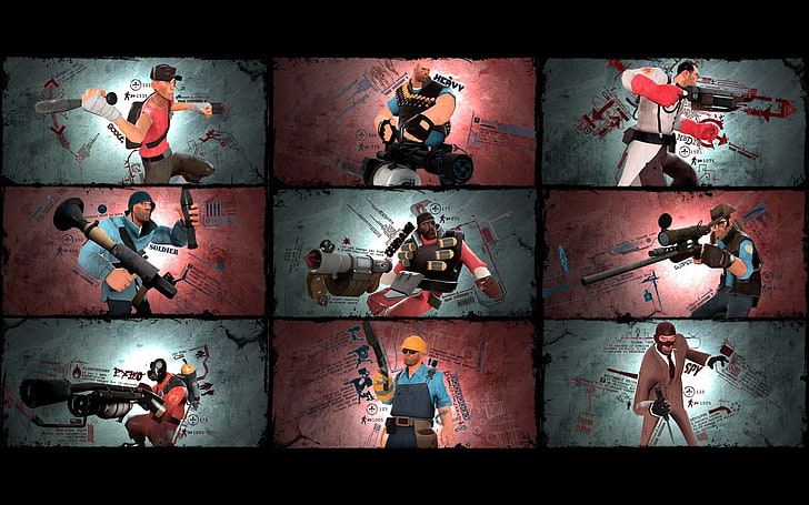 male character painting lot, Soldiers, Team Fortress 2, Medic, characters, Sniper, Scout, Soldier, Heavy, Pyro, Spy, Engineer, Demoman, Gunner, The bomber, HD wallpaper