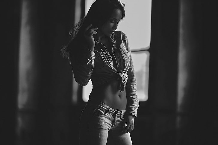 Angelina Petrova, mulheres, modelo, monocromático, calças, jeans, denim, HD papel de parede