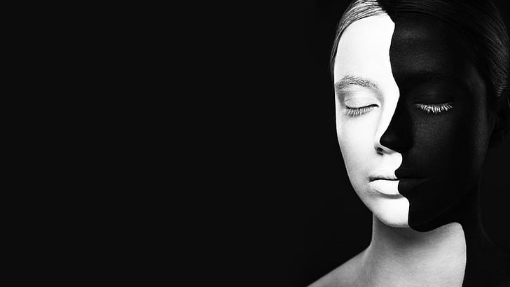 latar belakang hitam, hitam, putih, cat tubuh, wajah, wanita, monokrom, ilusi optik, mata tertutup, Wallpaper HD