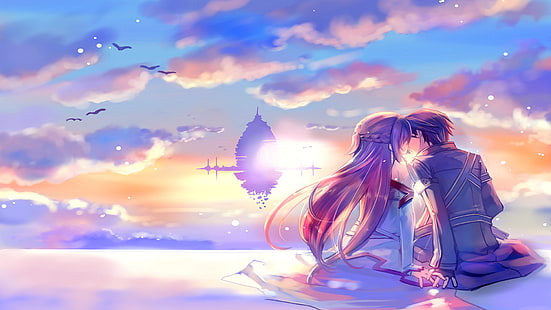 мужчина и женщина аниме-обои, аниме, Киригая Казуто, Юки Асуна, Sword Art Online, поцелуи, держатся за руки, HD обои HD wallpaper
