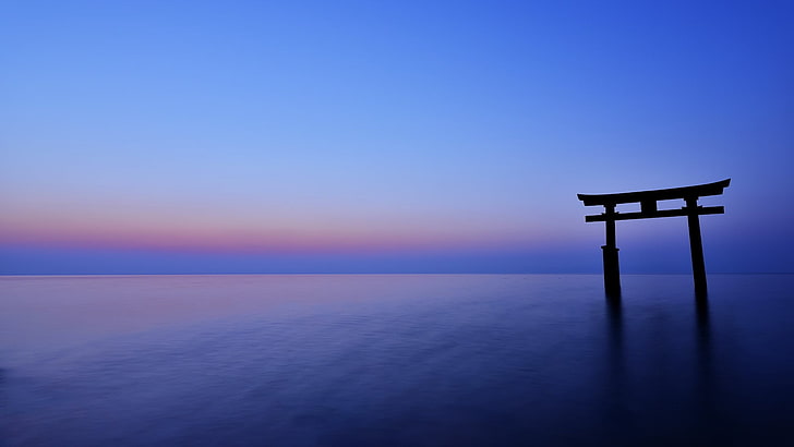 torii gate, sunset, landscape, nature, structure, torii, HD wallpaper