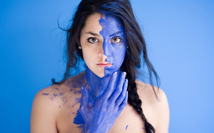 body paint, portrait, face, women, blue, model, HD wallpaper