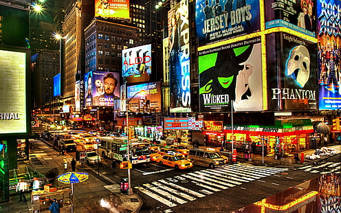 Таймс-сквер ночью, Нью-Йорк, США, магазины, улица, фонари, Таймс-сквер, ночь, Нью-Йорк, США, магазины, улица, огни, HD обои HD wallpaper