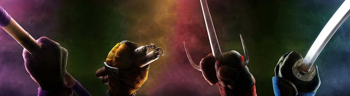 Teenage Mutant Ninja Turtles 2014, TMNT держит в руках обои с оружием, Мультфильмы, Черепашки-ниндзя, Ниндзя, Микеланджело, Черепахи, Леонардо, Донателло, Рафаэль, Черепашки-ниндзя Mutant, 2014, Овье, HD обои HD wallpaper